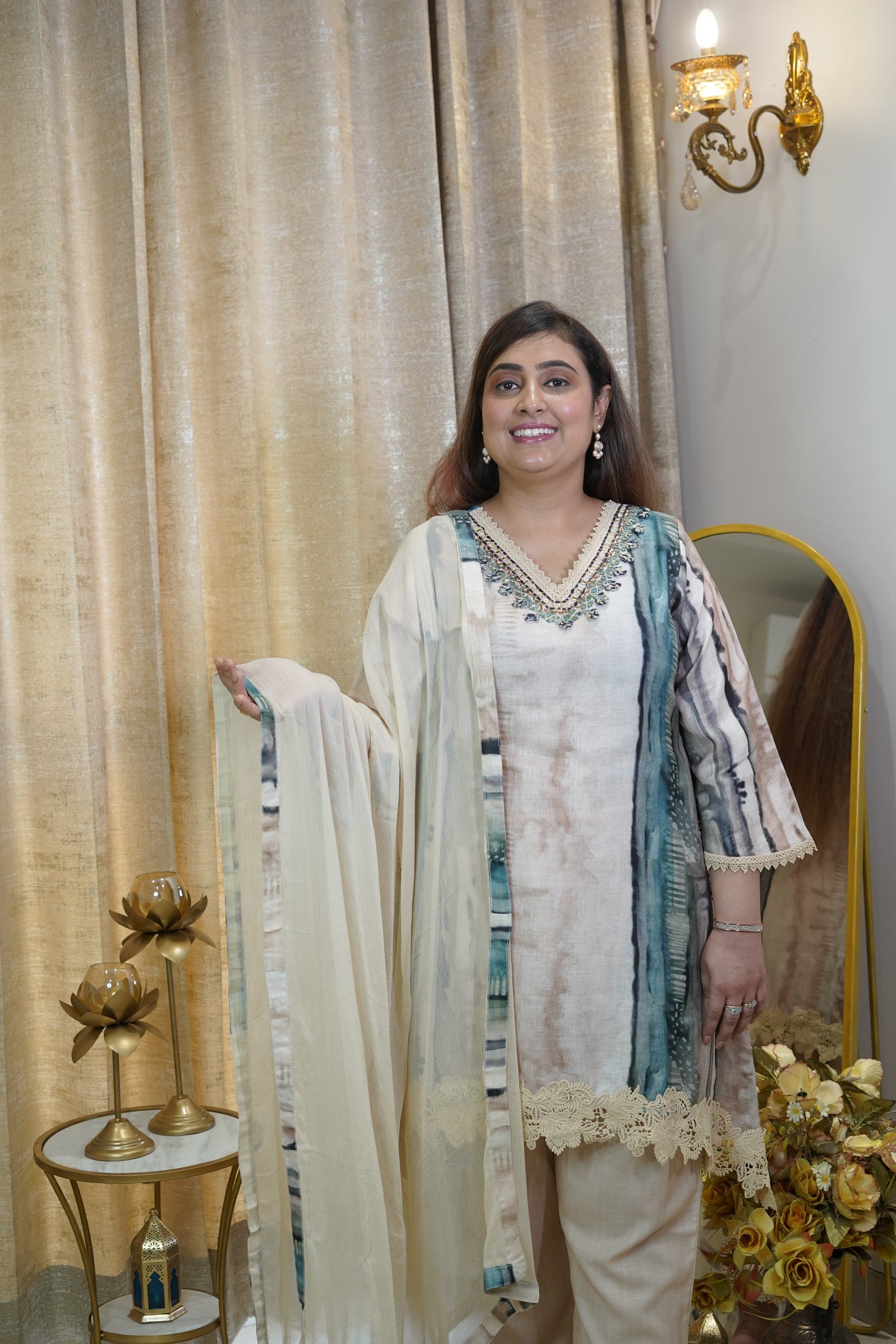 Elegant cotton C cut beige with teal color suit