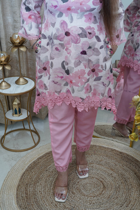 Elegant cotton C Cut floral light pink suit