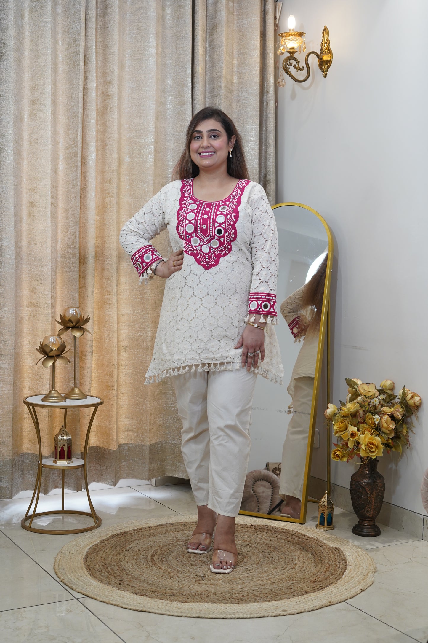 Off White and Pink cotton coord se