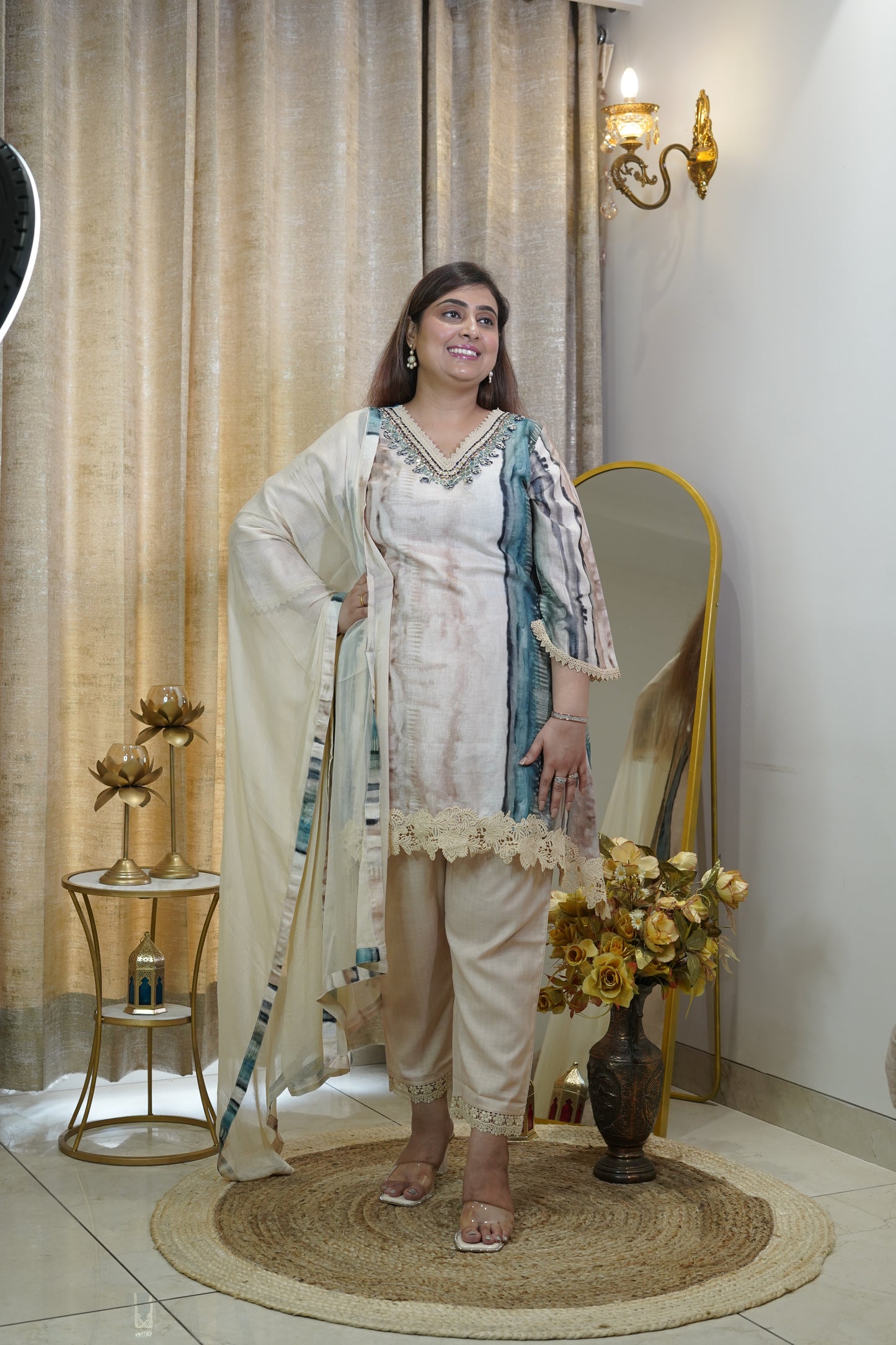 Elegant cotton C cut beige with teal color suit