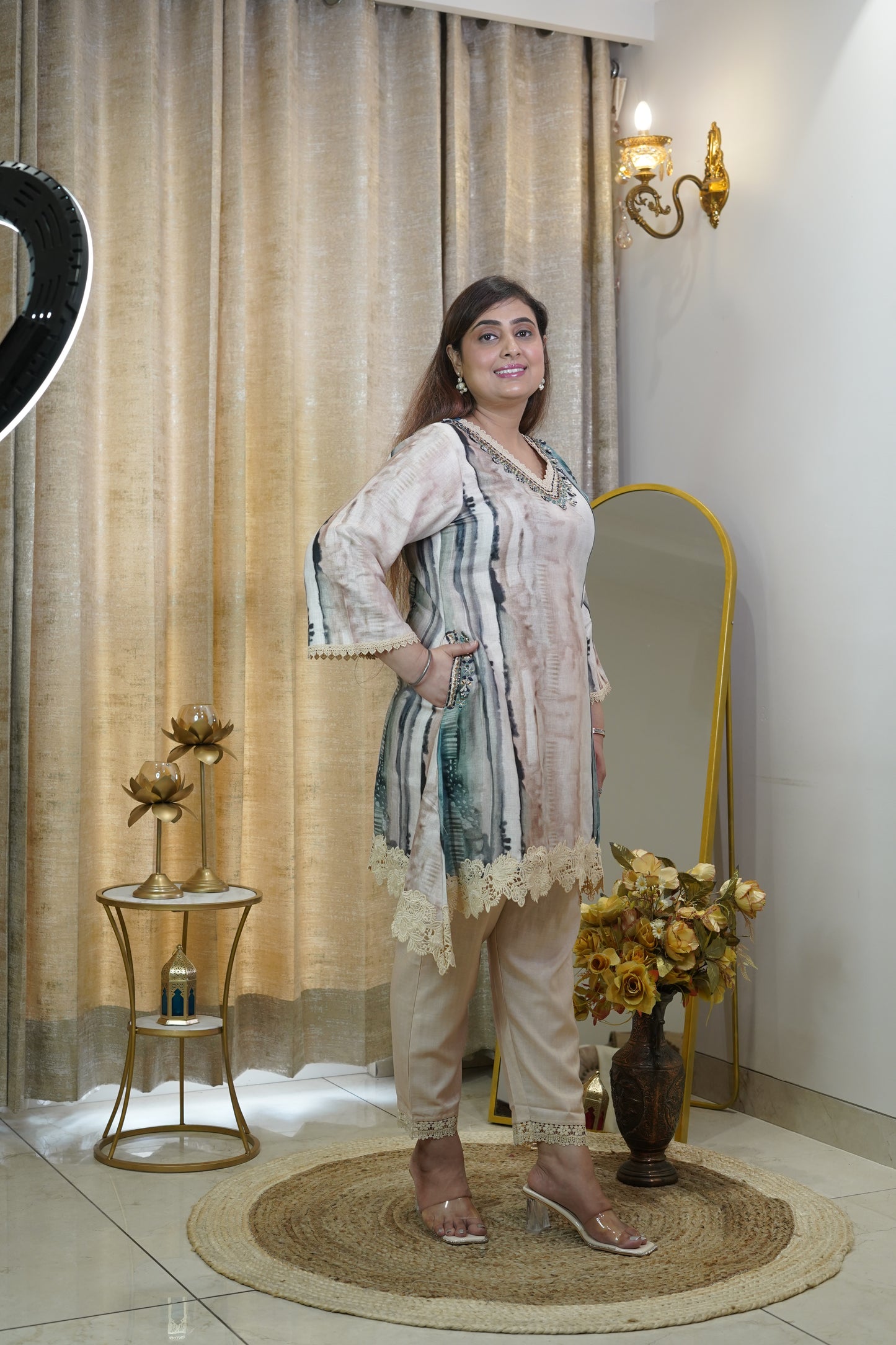 Elegant cotton C cut beige with teal color suit