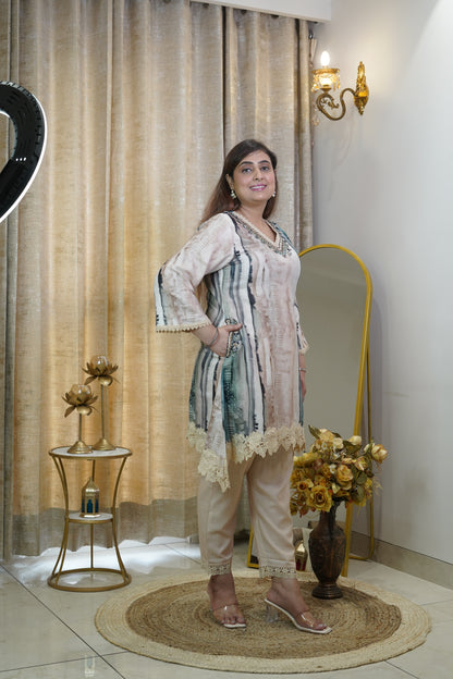 Elegant cotton C cut beige with teal color suit