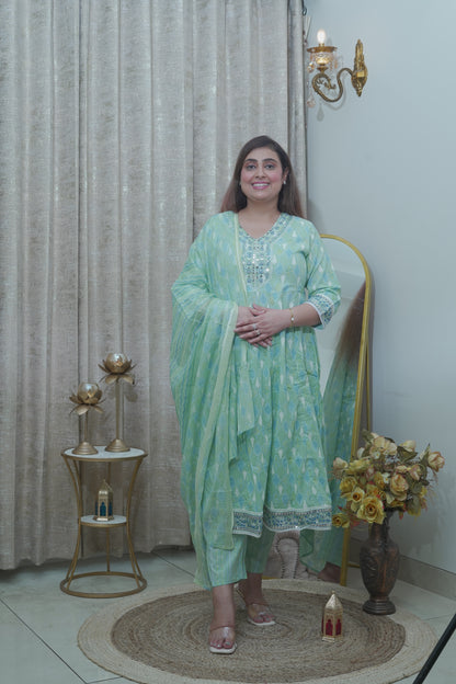 Mint green cotton Anarkali suit