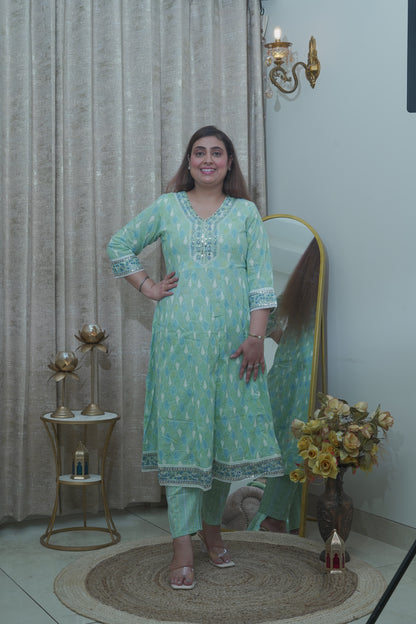 Mint green cotton Anarkali suit