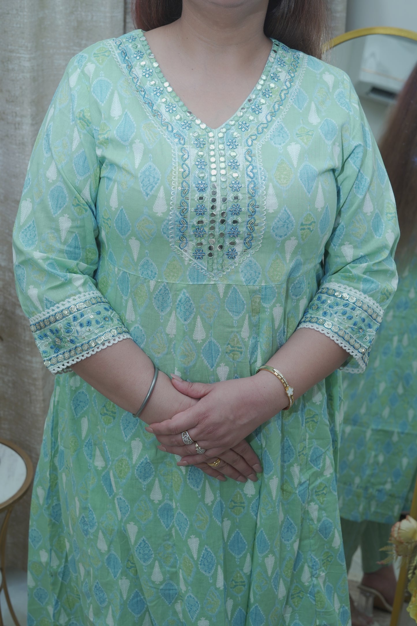 Mint green cotton Anarkali suit