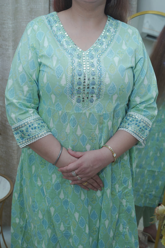 Mint green cotton Anarkali suit