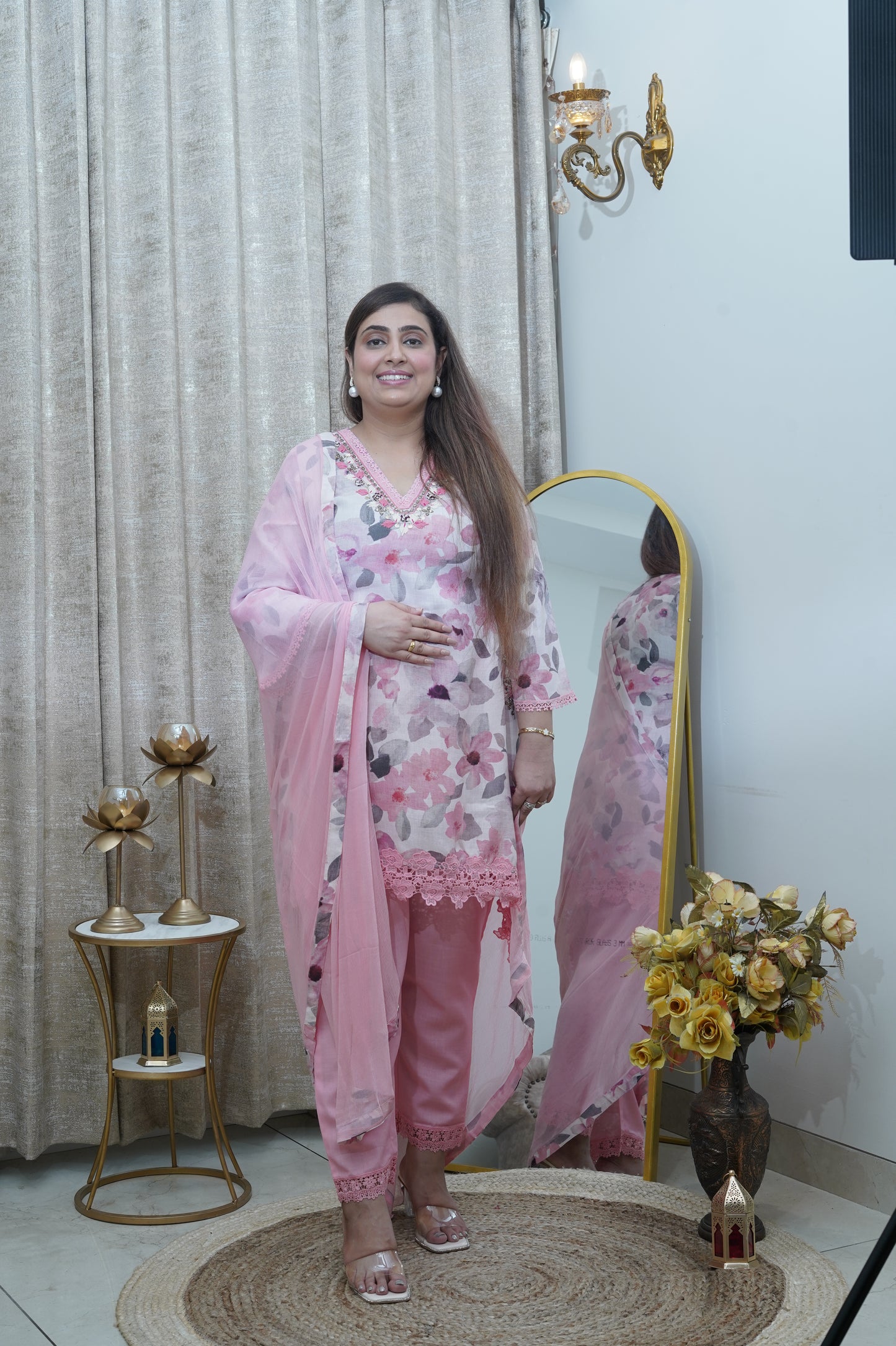 Elegant cotton C Cut floral light pink suit