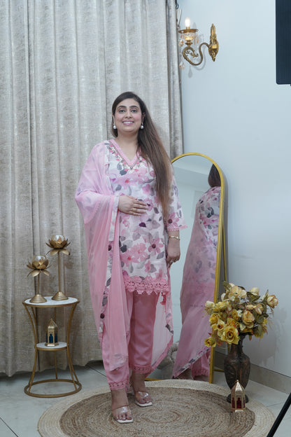 Elegant cotton C Cut floral light pink suit