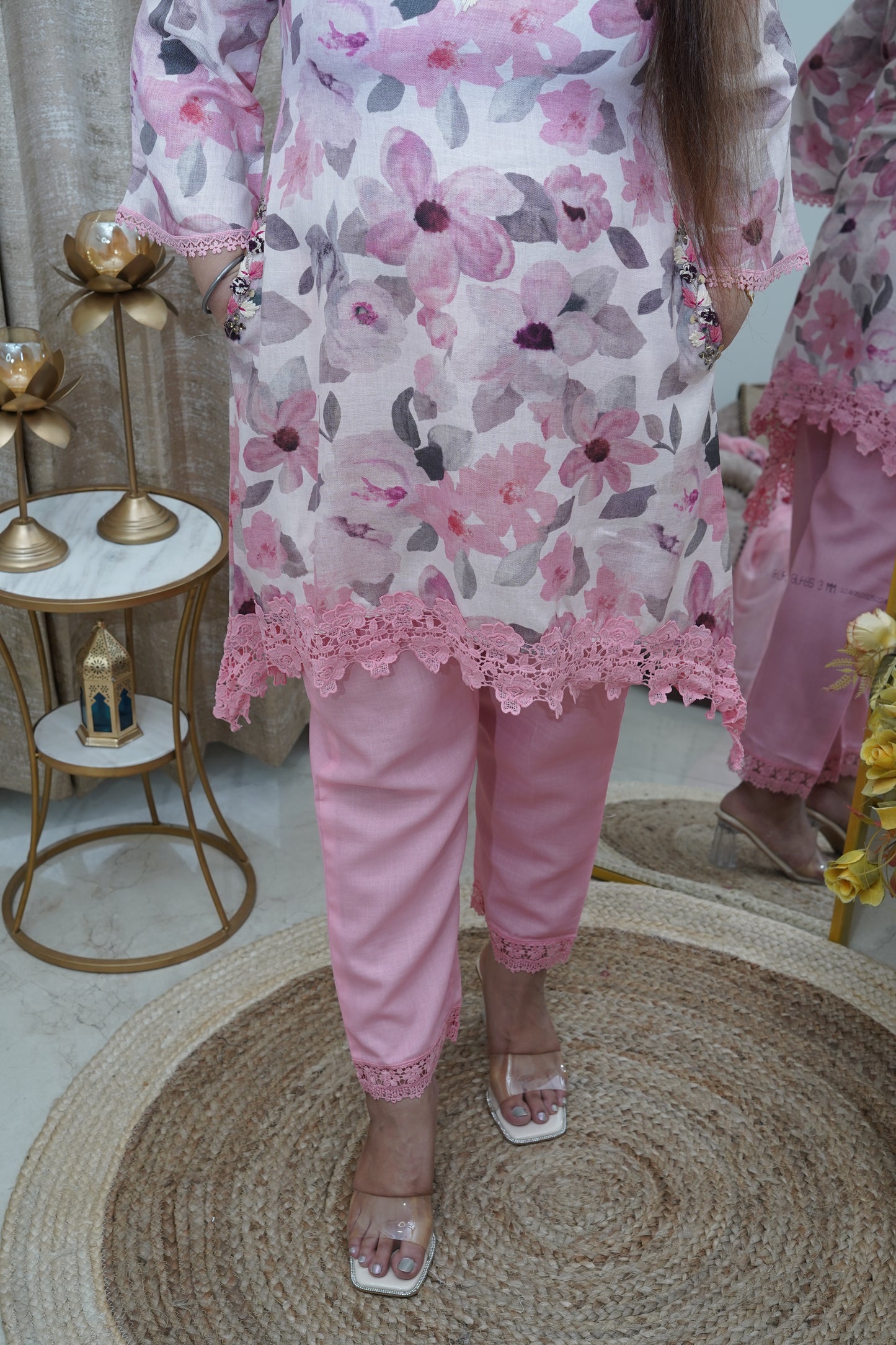 Elegant cotton C Cut floral light pink suit