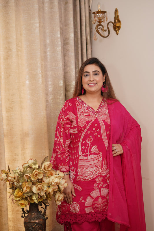 Vibrant Magenta Pink C Cut Chinnon suit