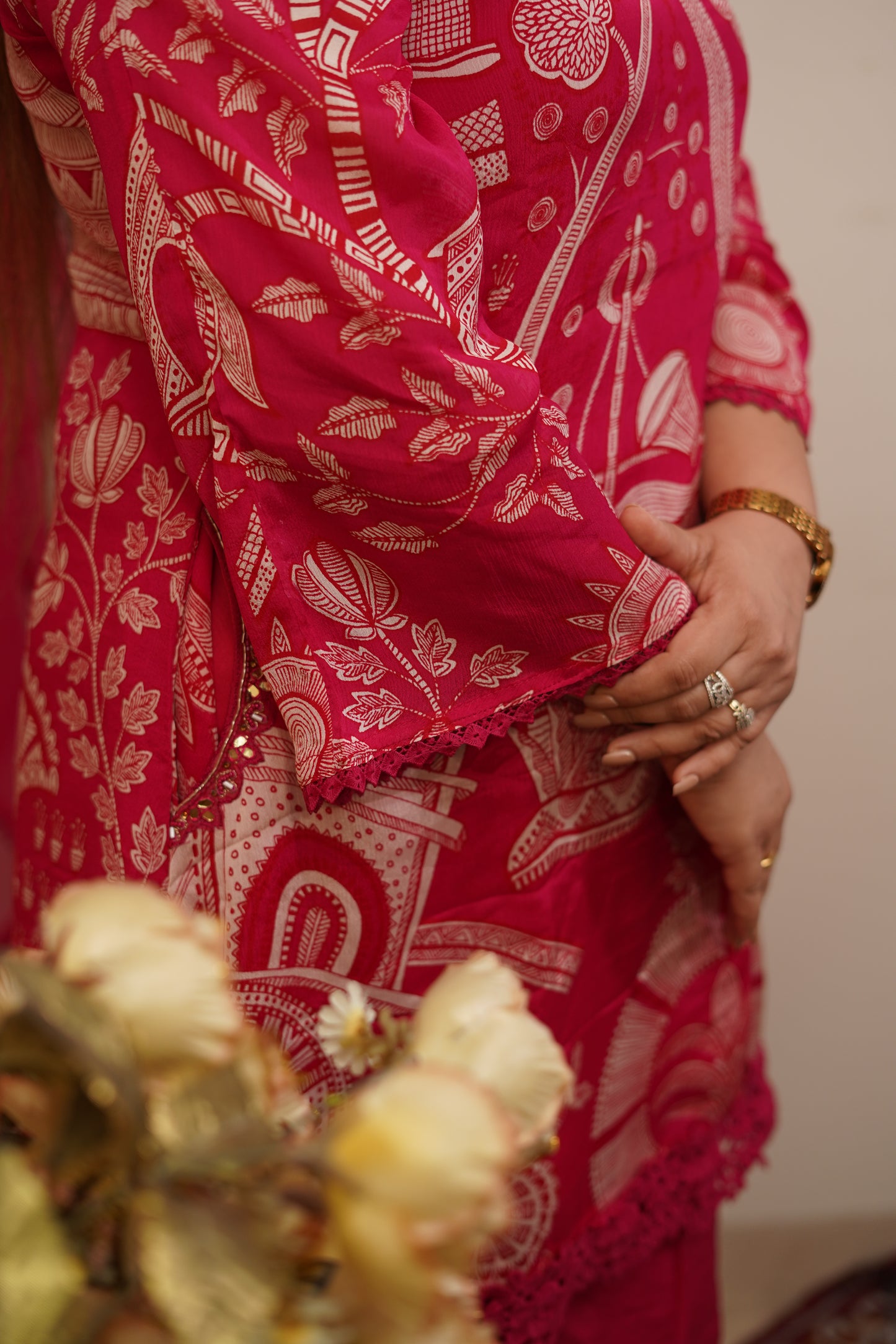 Vibrant Magenta Pink C Cut Chinnon suit