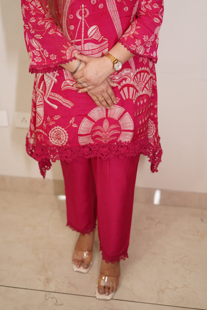 Vibrant Magenta Pink C Cut Chinnon suit