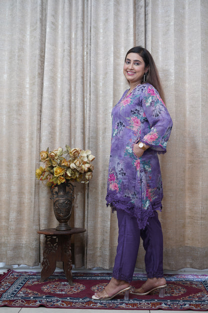 Vibrant Purple C Cut floral Chinnon suit