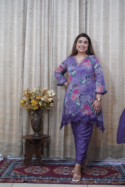 Vibrant Purple C Cut floral Chinnon suit