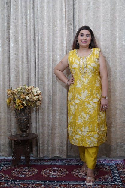 Vibrant Canary Yellow Silk straight Suit