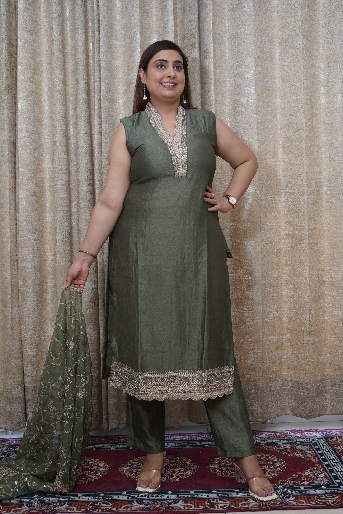 Royal Olive green silk straight Suit