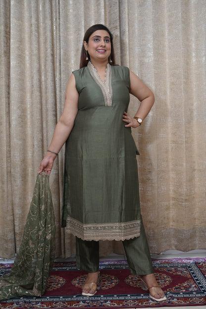 Royal Olive green silk straight Suit