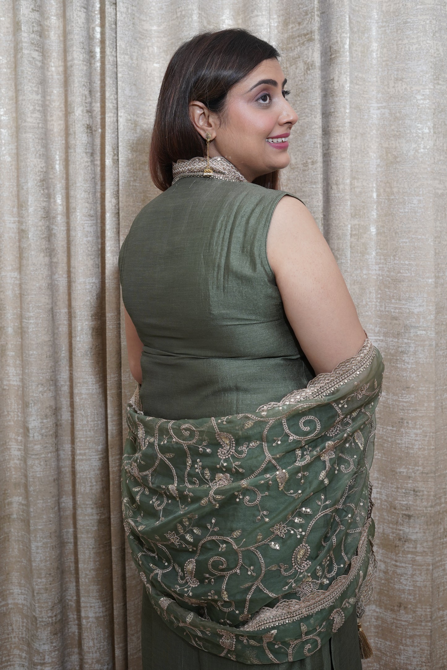 Royal Olive green silk straight Suit