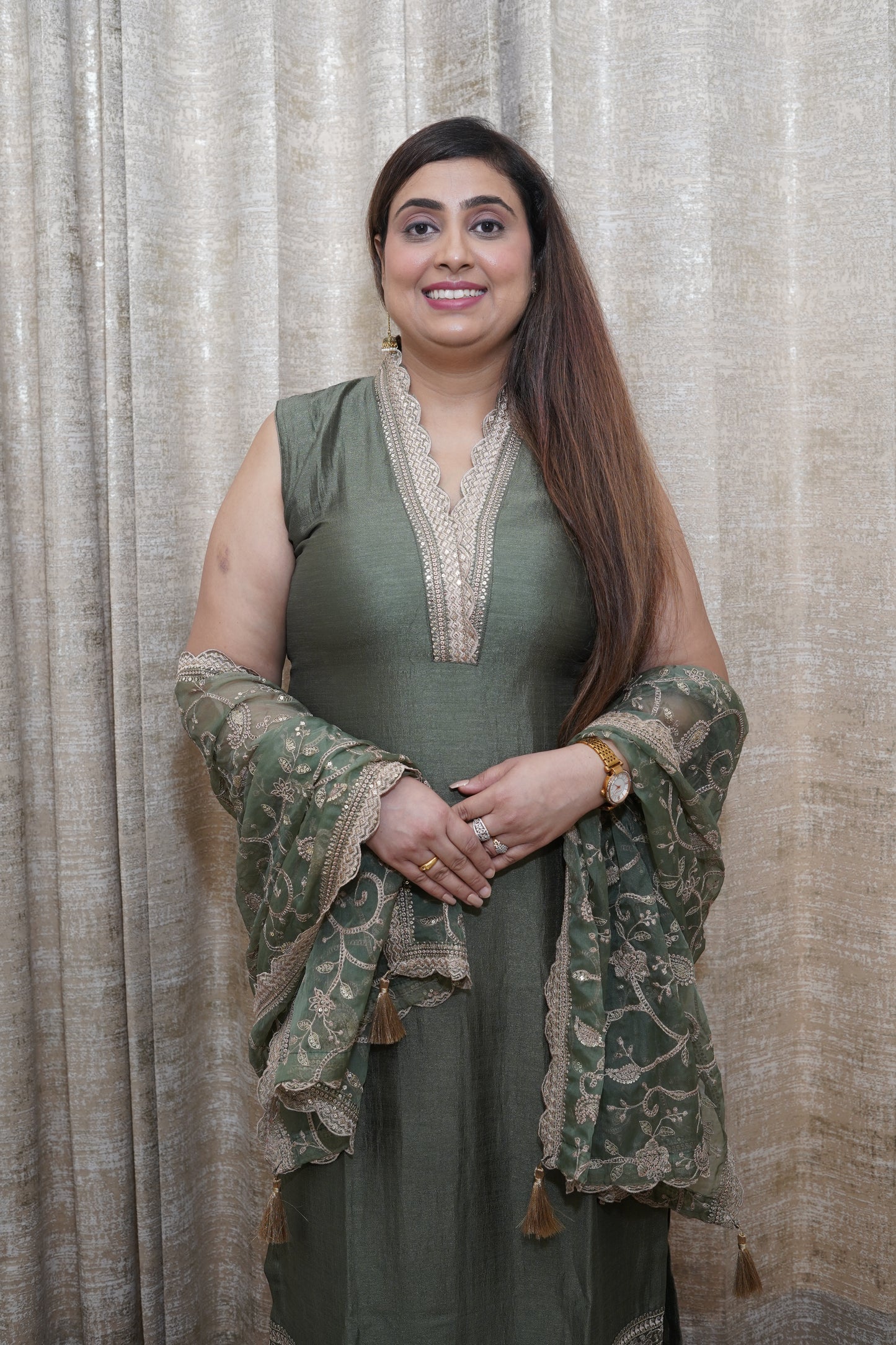 Royal Olive green silk straight Suit